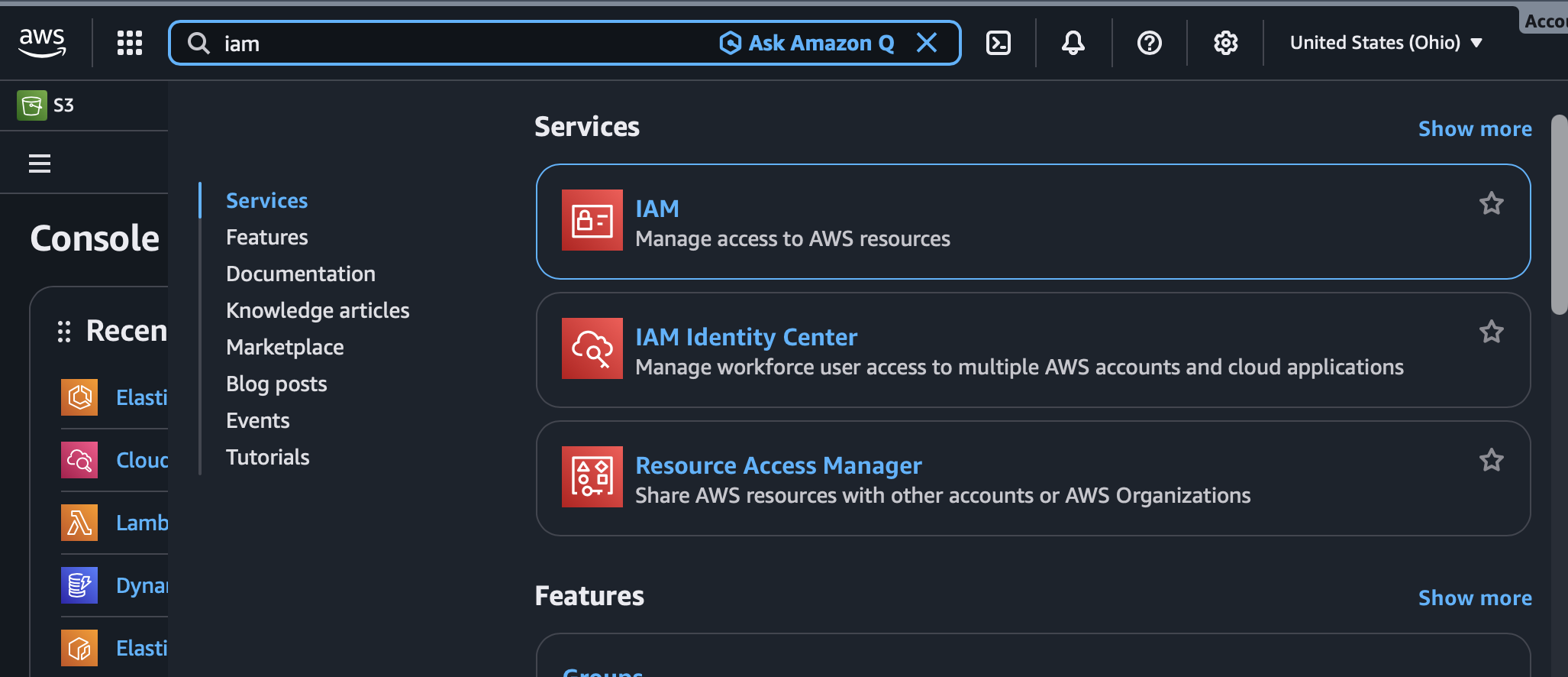 AWS console search for IAM service